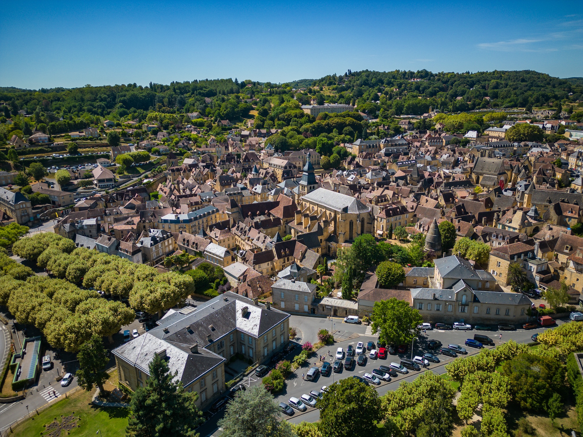 Aerial view of Sarlat la caneda town, in Perigord, Dordogne, France