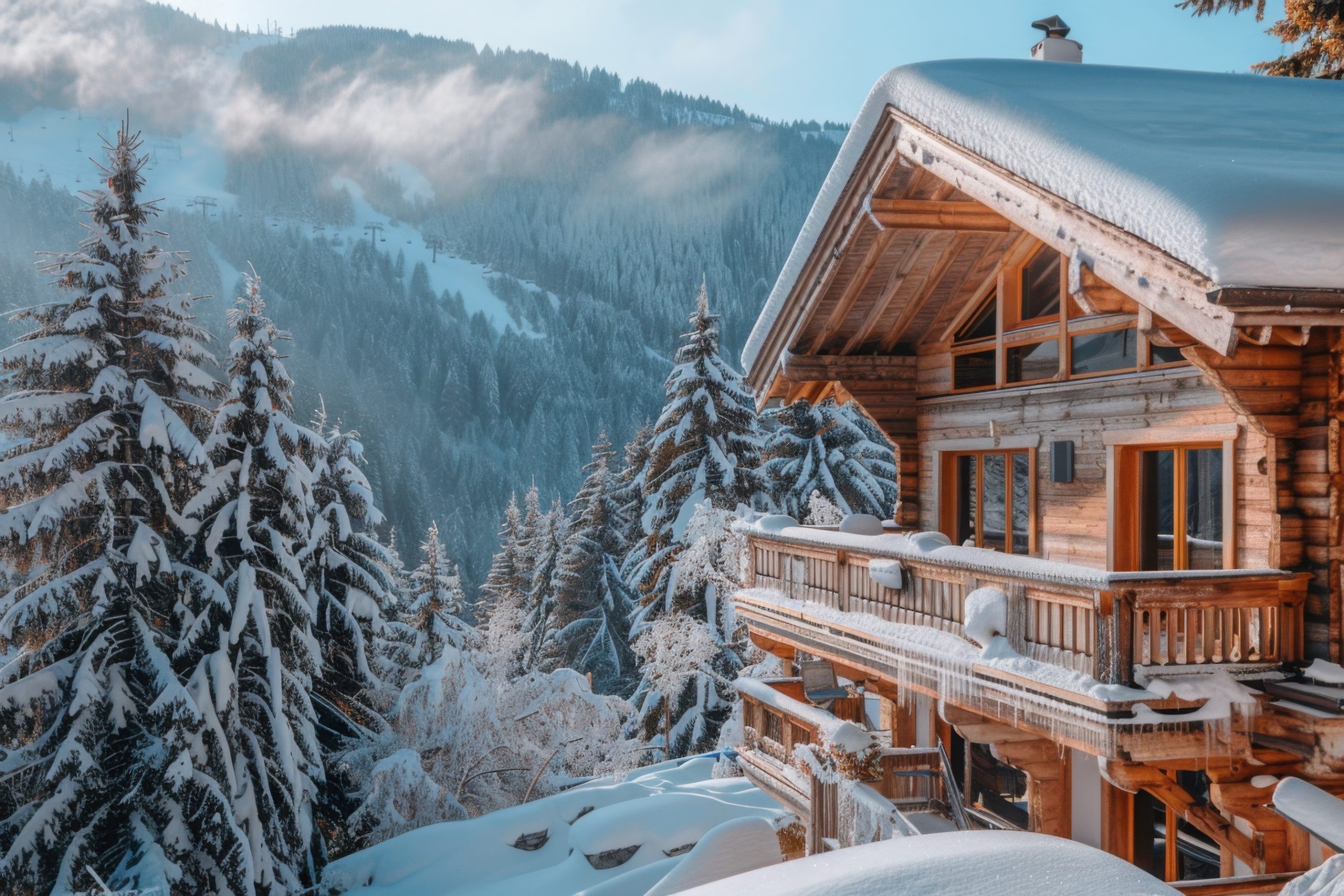 A wooden chalet with balcony overlooking snow-covered forest in French Alps