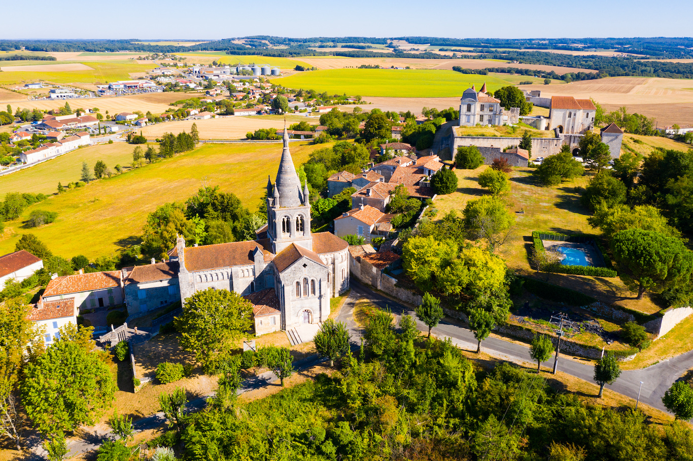 Drone view of French village of Villebois-Lavalette with caslte