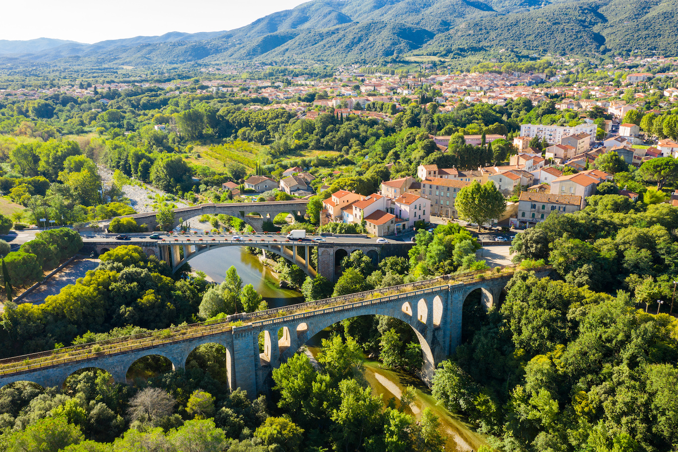 View from drone of Ceret town in summer, France