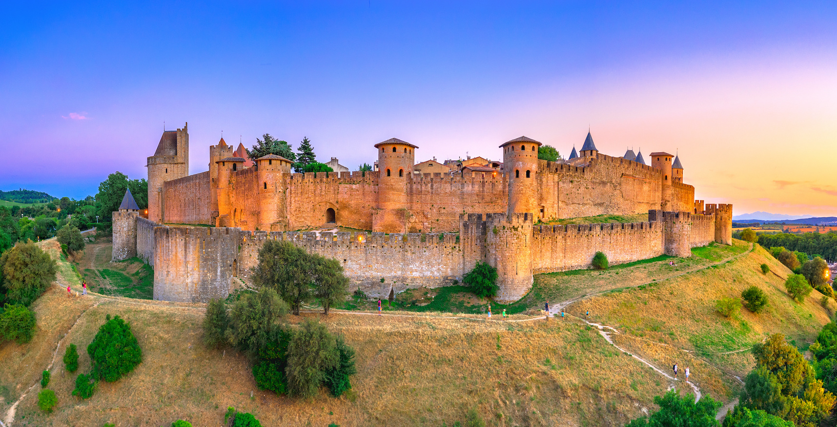 Medieval castle town of Carcassone at sunset, France