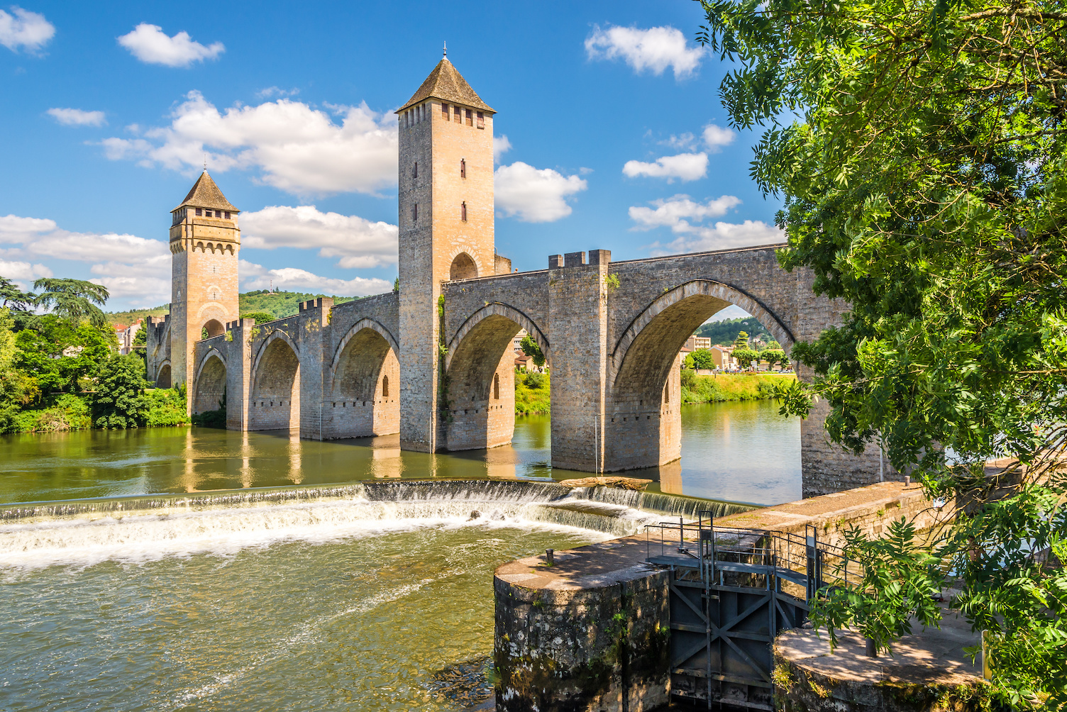 View at the Valentre bridge over Lot river in Cahors - France.